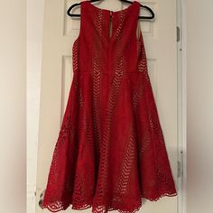 Never Worn Red Dress Size 10 By Anthropologie Elegant Red Fit And Flare Dress, Red Mini Dress Fit And Flare Knee-length, Red Fit And Flare Mini Dress Knee-length, Red Fit And Flare Summer Dress, Red A-line Fit And Flare Dress, Red V-neck Dress For Casual Occasions, Red A-line Midi Dress For Party, Red Fit And Flare Formal Dress, Formal Red Fit And Flare Dress