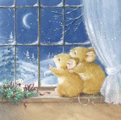 two teddy bears sitting on a window sill in front of a snowy night and trees