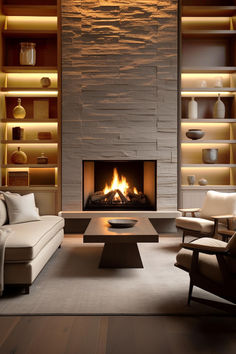 modern living room with fireplace and built in shelves