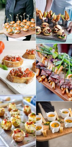 several different shots of food being served on trays, including finger foods and appetizers