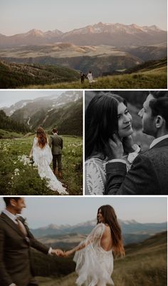 a collage of photos showing the bride and groom in their wedding attire, with mountains in the background