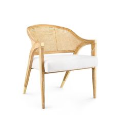 a wooden chair with white cushion on it's back and arm, against a white background