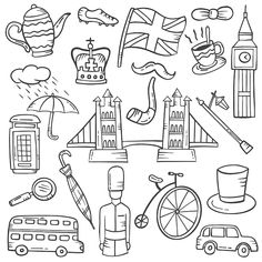 the british symbols are drawn in this black and white drawing, which is part of a coloring page