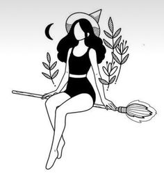 a woman in a bathing suit sitting on a broom with leaves and moon above her head