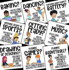 six posters with different types of sports related items and words that say, how do you get in the game?