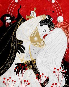 an artistic painting of a couple embracing each other in front of red and black background