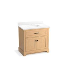 a bathroom vanity with a white sink and wood cabinetry on the side, against a white background