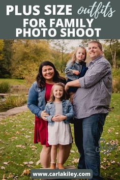 a Caucasian family of four taking a family photo outside Plus Size Photography Outfits, Plus Size Mom Photo Outfits, Plus Size Fall Outfit Photoshoot, Plus Size Outfit For Family Photo, Plus Size Family Photo Outfits Fall, Plus Size Family Pictures Poses, Plus Size Fall Family Photos