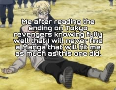 an anime character laying on the ground with text that reads me after reading the ending on tokyo