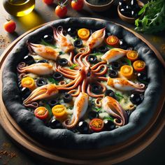 an octopus pizza with olives, tomatoes and other toppings