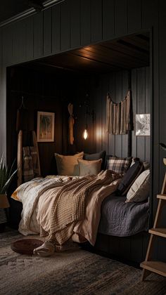 a bedroom with dark wood paneling and an open door leading to the bed area