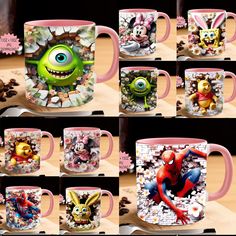 the mugs have been decorated with cartoon characters and are ready to be used as decorations