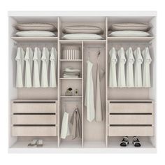 an open closet with clothes and shoes on the shelves, all in white color scheme