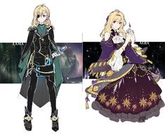 two anime characters, one with long blonde hair and the other wearing black dress clothing