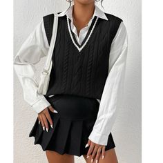 Super Cute And Stylish Ships In 5-10 Business Days Chic Black Sweater Vest For Winter, Chic Black Sweater Vest For Fall, Elegant Black Sweater Vest For Fall, Trendy Black Sweater Vest For Fall, Black Knitted Sweater Vest For Layering, Fitted Black Knitted Sweater Vest, Elegant Black Knit Sweater Vest, Elegant Black V-neck Sweater Vest, Elegant Layering Sweater Vest