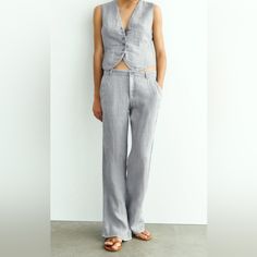 Genuine Zara New With Tag Material: Linen Color: Blue/ Grey Relax Linen Trousers.. So Chic. Love Unique Color. Loose Fit Zara Gray Bottoms For Work, Fitted Gray Pants For Summer, Elegant Gray Summer Pants, Zara Linen Spring Pants, Zara Gray Workwear Bottoms, Zara Casual Gray Bottoms, Blue Zara Trousers, Casual Gray Zara Bottoms, Zara Blue Cotton Bottoms