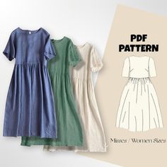 three dresses with different colors and sizes on the front, one in blue, one in green