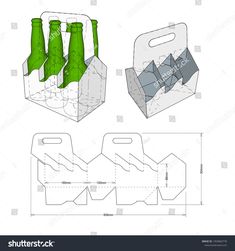 an open and closed beer bottle box with cut out the top, side and bottom views