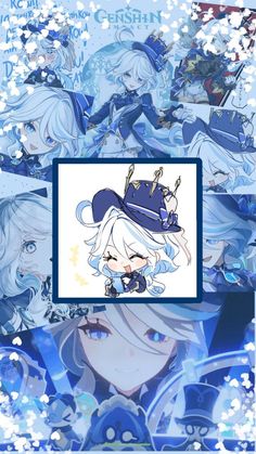 an anime character with white hair and blue eyes is surrounded by snowflakes