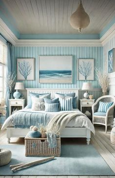 a bedroom with blue and white decor in the walls, furniture and pictures on the wall