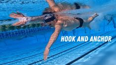 a man swimming in a pool with the words hook and anchor on it's side