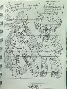 a drawing of two girls standing next to each other in front of a notepad