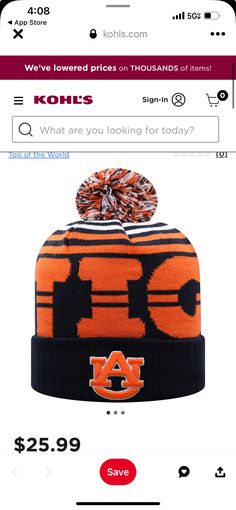 an orange and black beanie hat with the word, kohls what are you looking for today? $ 25 99