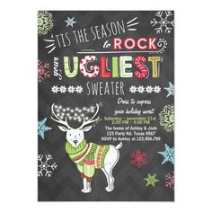 a christmas party flyer with a deer wearing a sweater and snowflakes on it