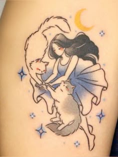 a woman with a cat and moon tattoo on her back shoulder is holding the arm of a wolf