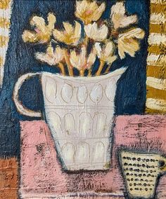 a painting of yellow flowers in a white vase next to a cup on a table