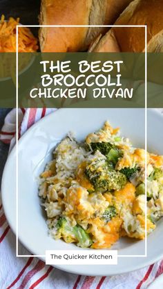 the best broccoli chicken divan on a plate with bread in the background