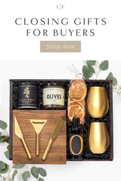 a wooden box filled with gold items and the words, closing gifts for buyers shop now