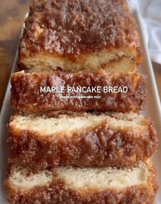 two slices of maple pancake bread on a white plate with the words maple pancake bread