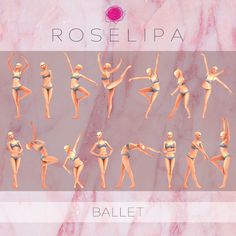 an image of ballet poses in different positions on pink marble background with roselipa text