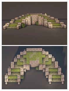 two different views of the same area with grass and rocks in it, one is made out of bricks