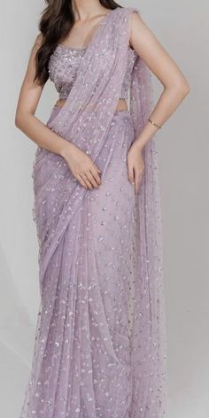 Saree Stylish Party Wear, Saree For Freshers Day, Lavender Saree, Saree Purple, Lycra Saree, Free Size Blouse, Party Saree, Sarees For Girls