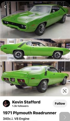 the green muscle car is parked in front of another one and has two different pictures on it