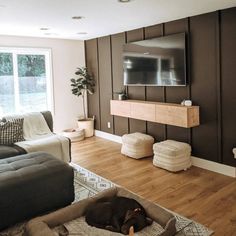 a living room with a dog laying in its bed