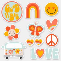 various stickers that say good vibes, love and peace with hearts, flowers, butterflies