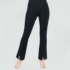 Ponte Knit - Kick Front Slit Pant - Black – Clara Sunwoo Jumpsuit Trousers, Fall Shopping, Knit Pants, Slim Legs, Polished Look, Black Fabric, Sweater Shop, Knit Jersey, Black Pants