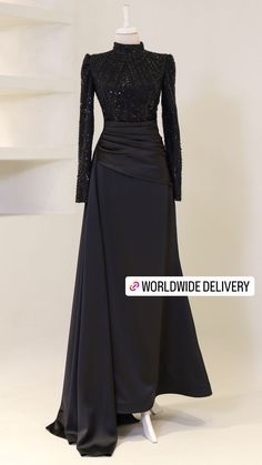 Dress Promnight Hijab, Black Gown Long Sleeve, Elegant Skirt Outfits, Hijab Prom Dress, Modest Evening Dress, Black Ball Gown, Classy Gowns