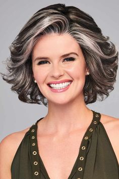 High Impact Average by Eva Gabor Wigs - Lace Front, Monofilament Part Wig Dark Brown Hair With Silver Highlights, Dry Gray Hair, Haircuts Women, Gabor Wigs, Scene Girl, Monofilament Wigs, Haircuts Short