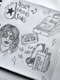 a drawing of a woman with headphones and music equipment