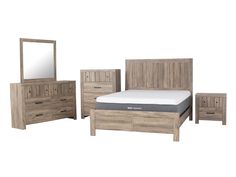 a bed, dresser and mirror are shown with the mattress in it's center