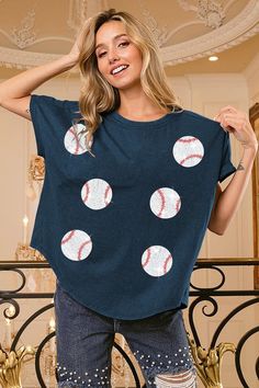 A washed short sleeve top with sequin baseball patches. Runs true to size. Model is wearing a small (32” bust, 26” waist, 35” hips, 5’2”) Bust Waist Length Sleeve Length Small 56 inches 56 inches 24 inches 1 inch Medium 58 inches 58 inches 24 inches 1 inch Large 60 inches 60 inches 25 inches 1 inch XLarge 62 inches 62 inches 25 inches 1 inch We measure each item from side seam to side seam, on a flat surface. Please consider the fabric content of each item, as fabric containing stretch may have Game Day Sports Fan Top With Short Sleeves, Game Day Sports Fan Short Sleeve Tops, Sports Fan Tops For Game Day In Spring, Game Day Relaxed Fit Short Sleeve Tops, Relaxed Fit Short Sleeve Tops For Game Day, Short Sleeve Graphic Tee For Game Day, Graphic Tee Tops For Game Day With Short Sleeves, Graphic Tee For Game Day With Short Sleeves, Varsity Style Short Sleeve T-shirt For Baseball Season