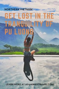 a person jumping in the air over water with mountains in the background and text that reads get lost in the tranocity of pu & luong