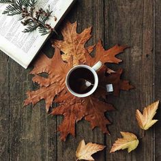 a cup of coffee sitting on top of a wooden table next to leaves and a book