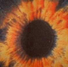 an orange and yellow eyeball is shown in close up with the iris partially visible