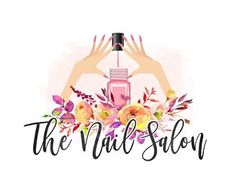 the nail salon logo with flowers and two hands holding a pink nail polish bottle in front of it