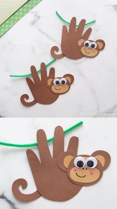 two pictures of handprinted monkeys with green string